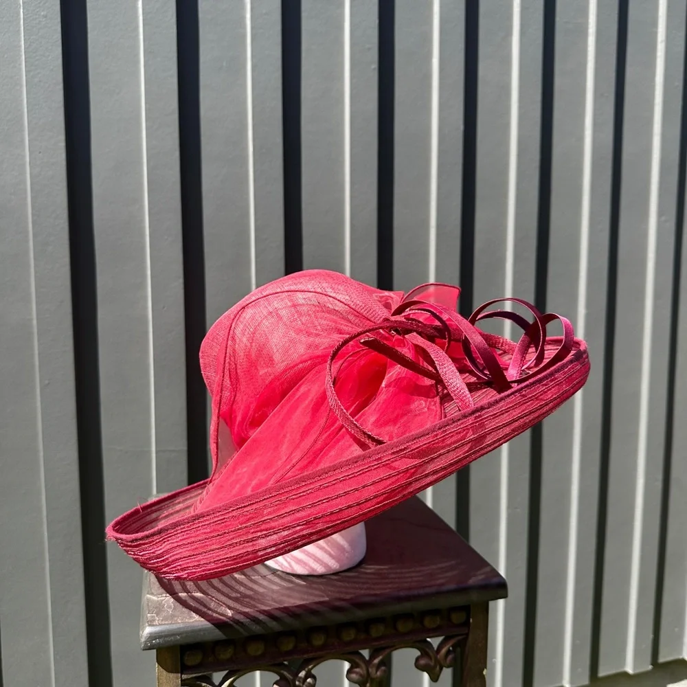 Something Special Cranberry Red Kentucky Derby Wide Brim Ribbon Bow Hat